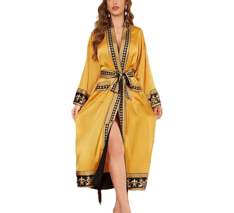 

Daiwor Kout Silk Satin Robe for Women Long Kimono Robe Lightweight Floral Trim Bathrobe Luxury House Robes with Pockets