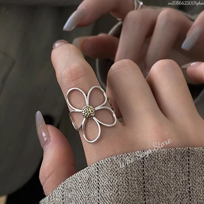 Sterling Silver Rings for Women Couple Minimalist Handmade Simple Big Flower Ring Party Jewelry Gift Prevent Allergy