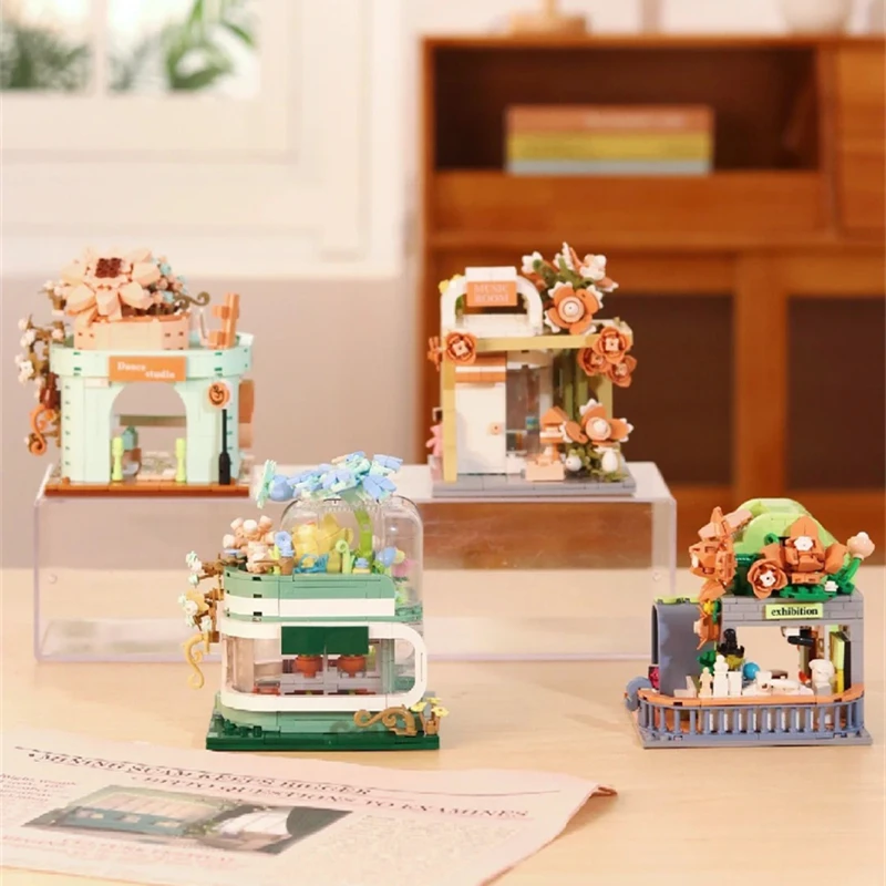 

Architectural street view building blocks music room flower shop assembly model Kawaii DIY Figure ornaments children's toys