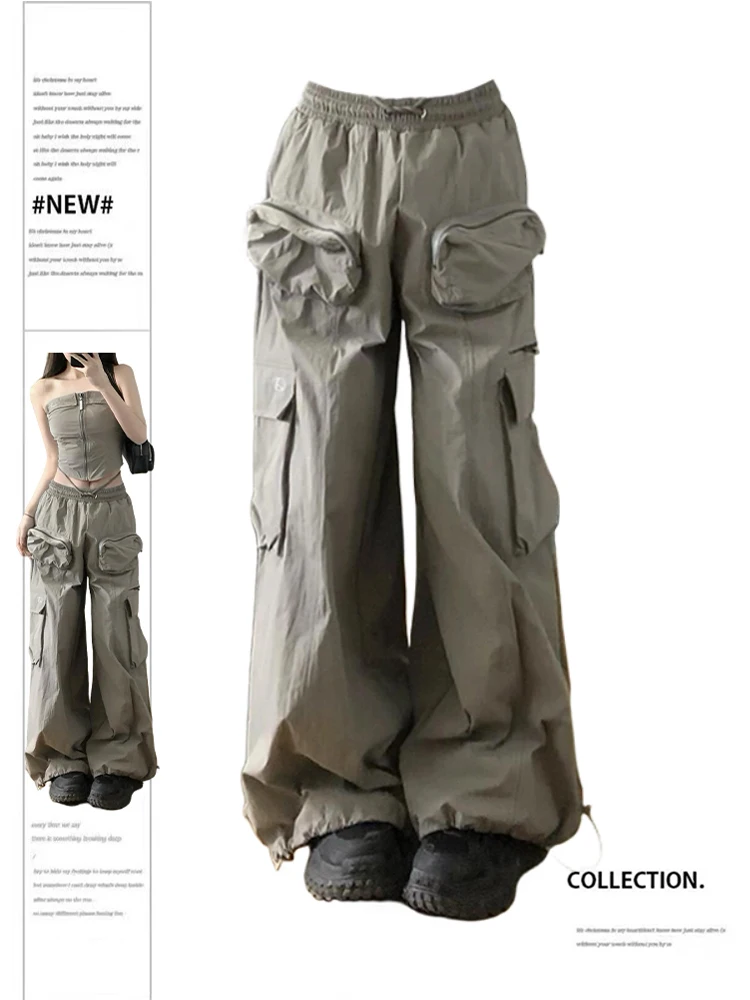 Women's Dark Grey Cargo Pants Vintage Y2k Harajuku Aesthetic Streetwear Pants Retro High Waist Wide Trousers 2000s Clothes 2024