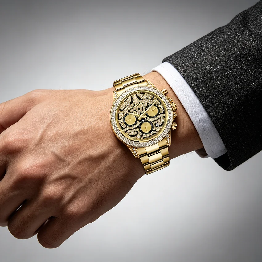 Multi-Function Movement Stones Bezel Business Men's Quartz Watch Golden Waterproof Luxury Tiger Dial Watches Gold Pattern