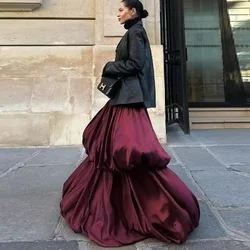 Burgundy Satin Lady Long Skirts Tiered Puffy Floor Length Lady A Line Skirt High Waist Women Formal Wear Girls Skirt