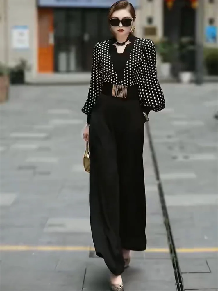 

Faionable Long Sve Wide Leg Jumpsuit Women's High Waist Dstring Top Bot Matching Chinese Sle Pants Autumn 2025