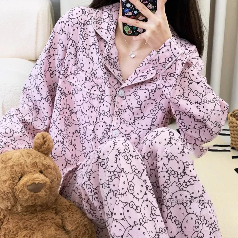 Sanrio Hello Kitty Full Print Cartoon Cotton Pajamas Japanese Style Sweet Y2k Girl Sleepwear Women New Long Sleeved Home Clothes