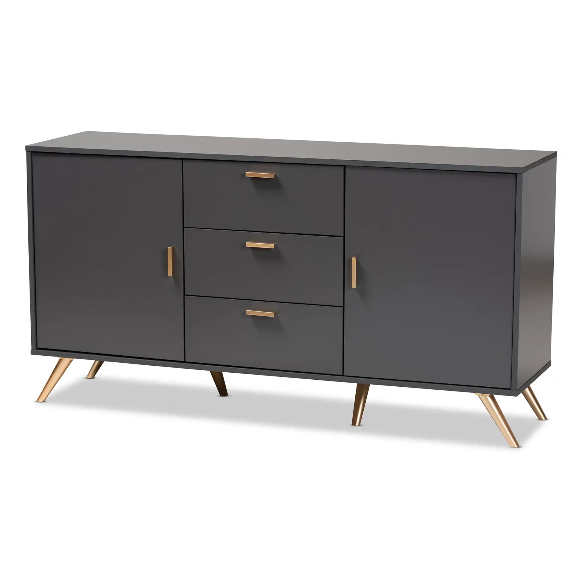 Modern and Contemporary Dark Grey and Gold Finished Wood 2-Door Sideboard Buffet