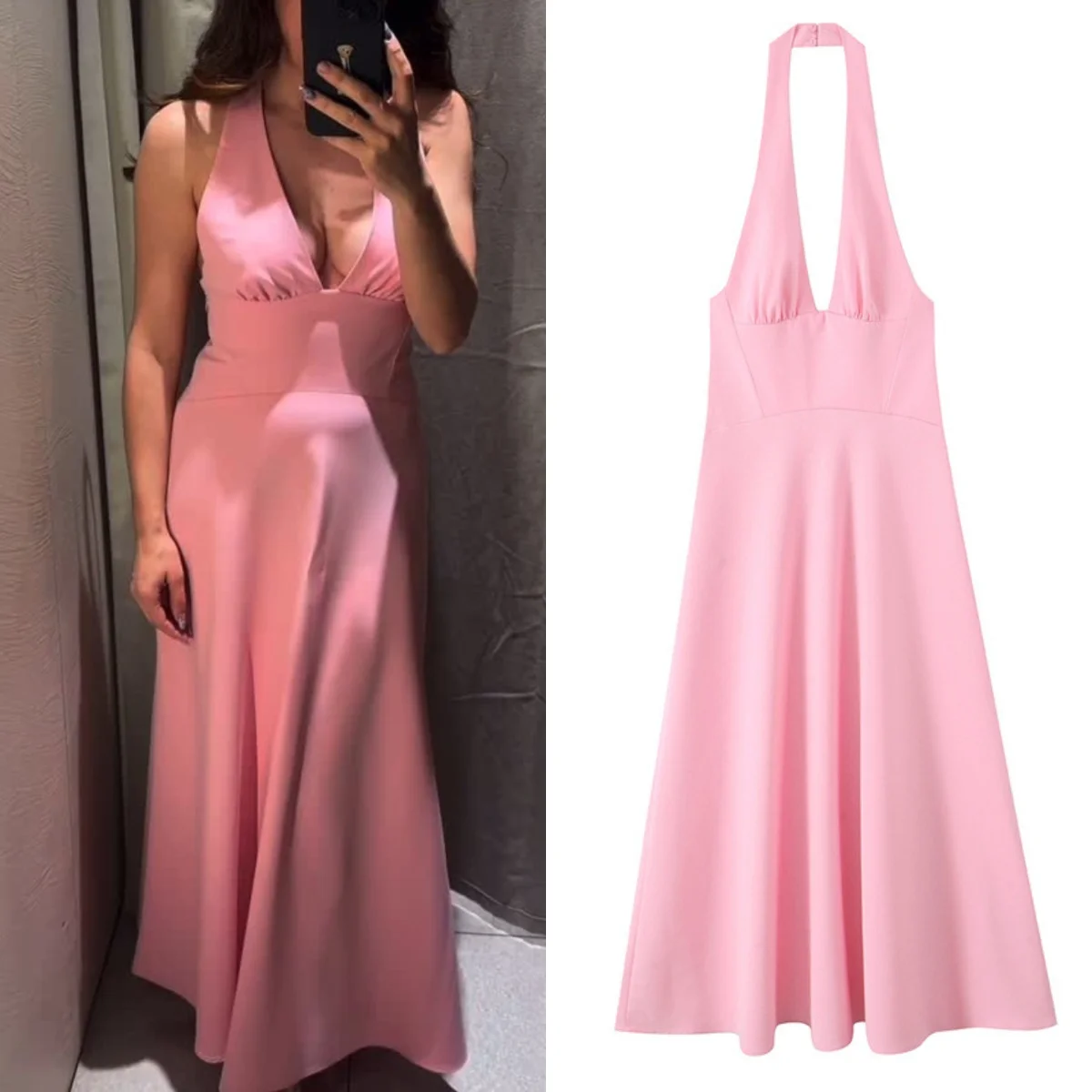 

Casual Chic Women Dress Pink Solid Halter Sleeveless Backless Draped Zipper Long Vestidos Fashion 2025 Spring Folds Dress
