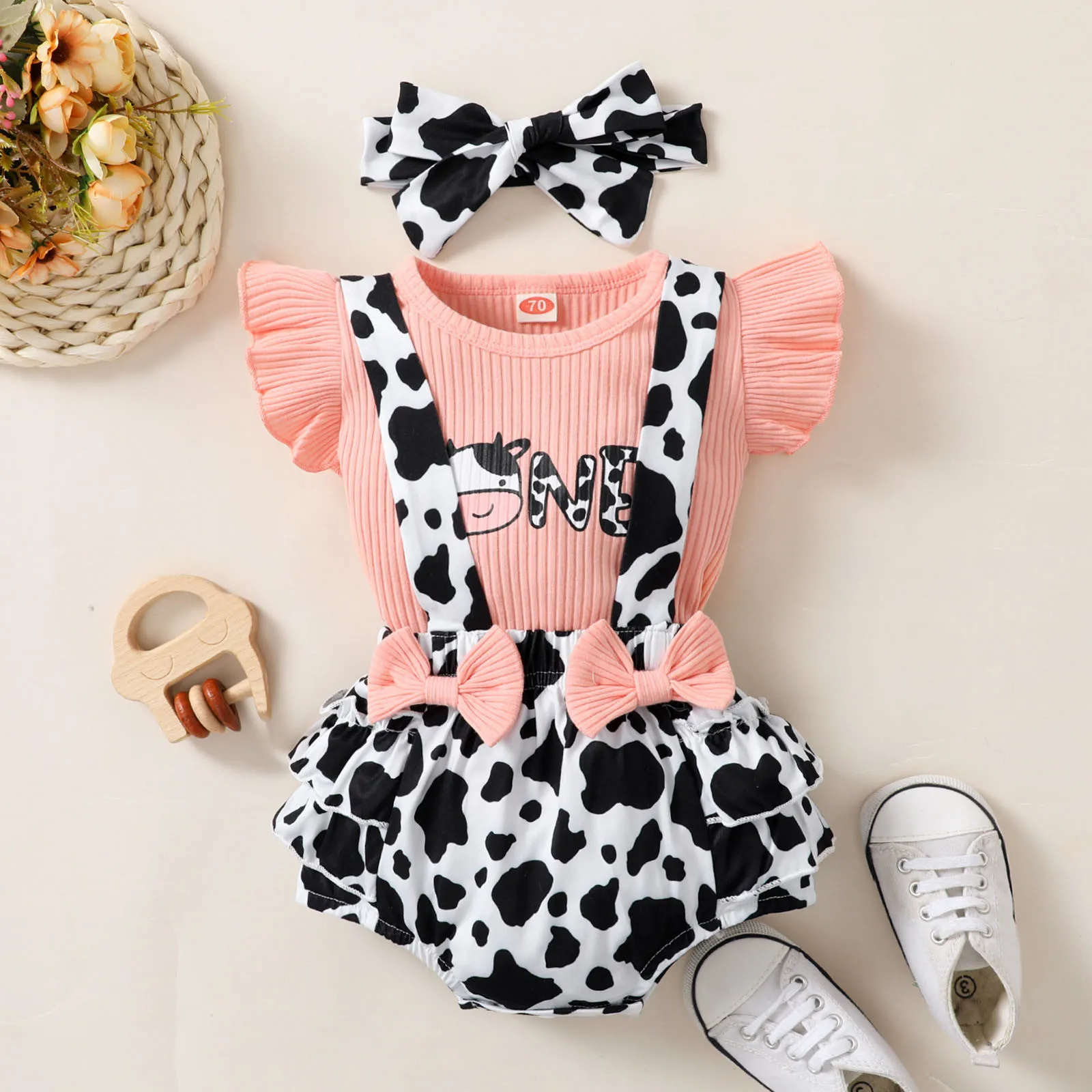 Newborn Baby Clothes Girls 3 to 24 Months 2023 Summer Fly Sleeve Ribbed Top+Bowknot Suspenders Shorts+Headband 3PCS Outfits Sets