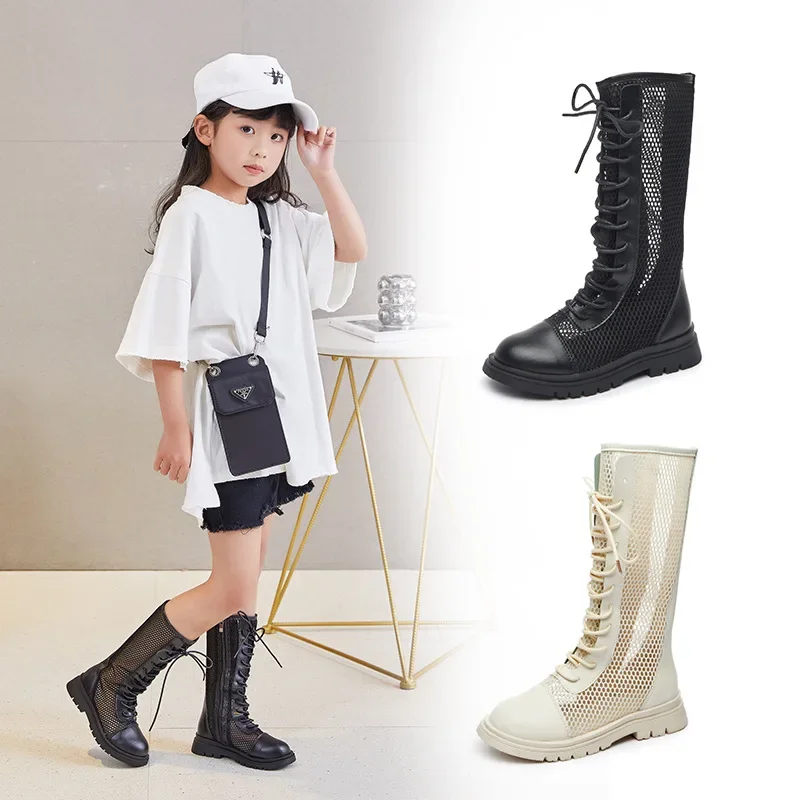

2025 New Girls' Summer Fashionable High-Top Sandals with Zipper and Flat Soles girls shoes Mesh breathable Children's boots