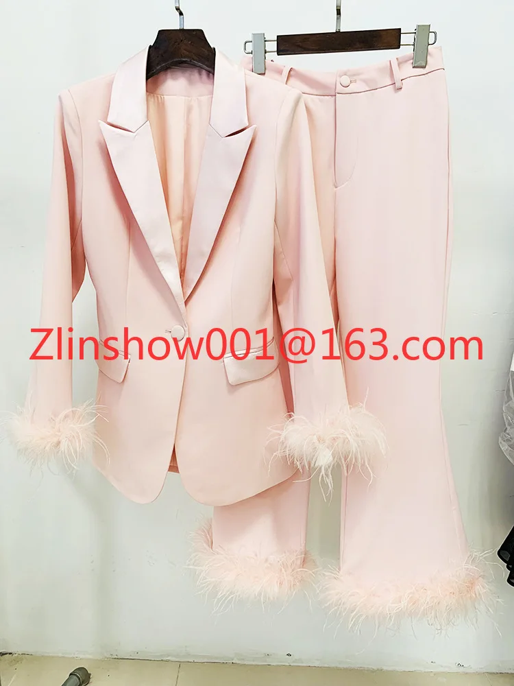 Women Fashion One Button Coat Black 2 Piece Pants Suit Feather Long Sleeve Blazer and Pants Set for Women Formal Suit