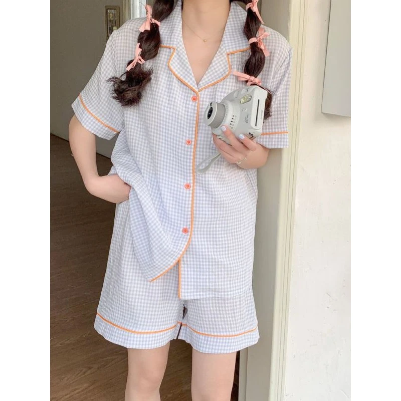 Women Pajamas Sets Summer Thin Cotton Korean Style Couple Pajamas 2023 New Plaid Simple Large Size Men\'s Homewear Two-piece