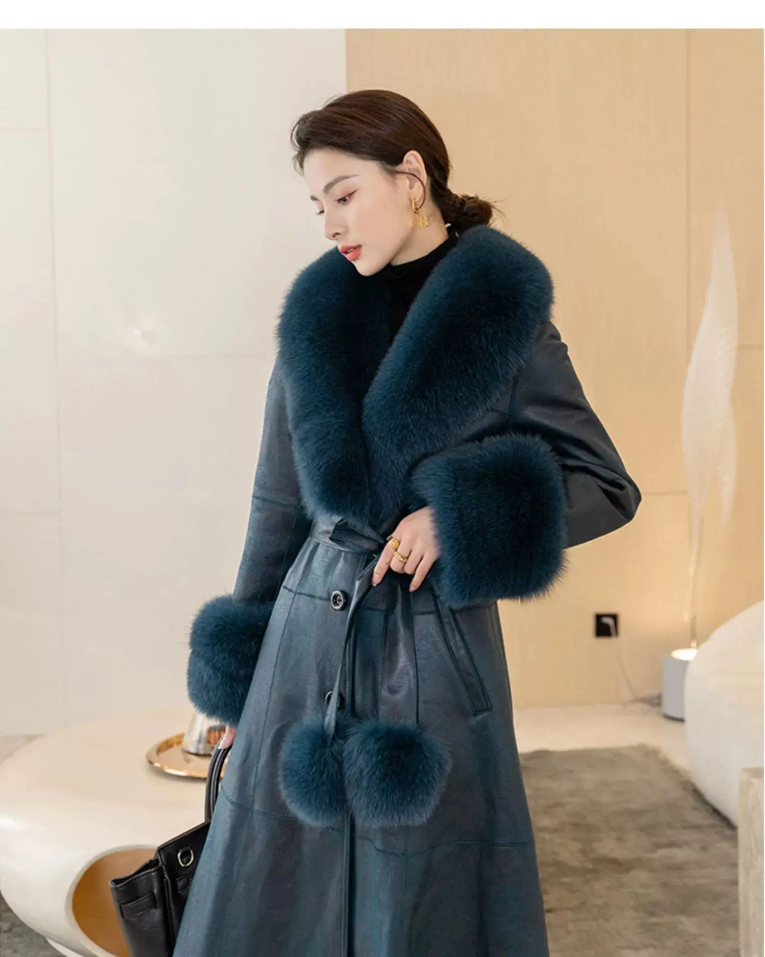 2023 New Rabbit Fur One Piece Coat for Women Mid length Fox Fur Collar Lace up Slim Fit Haining Fur Coat for Women