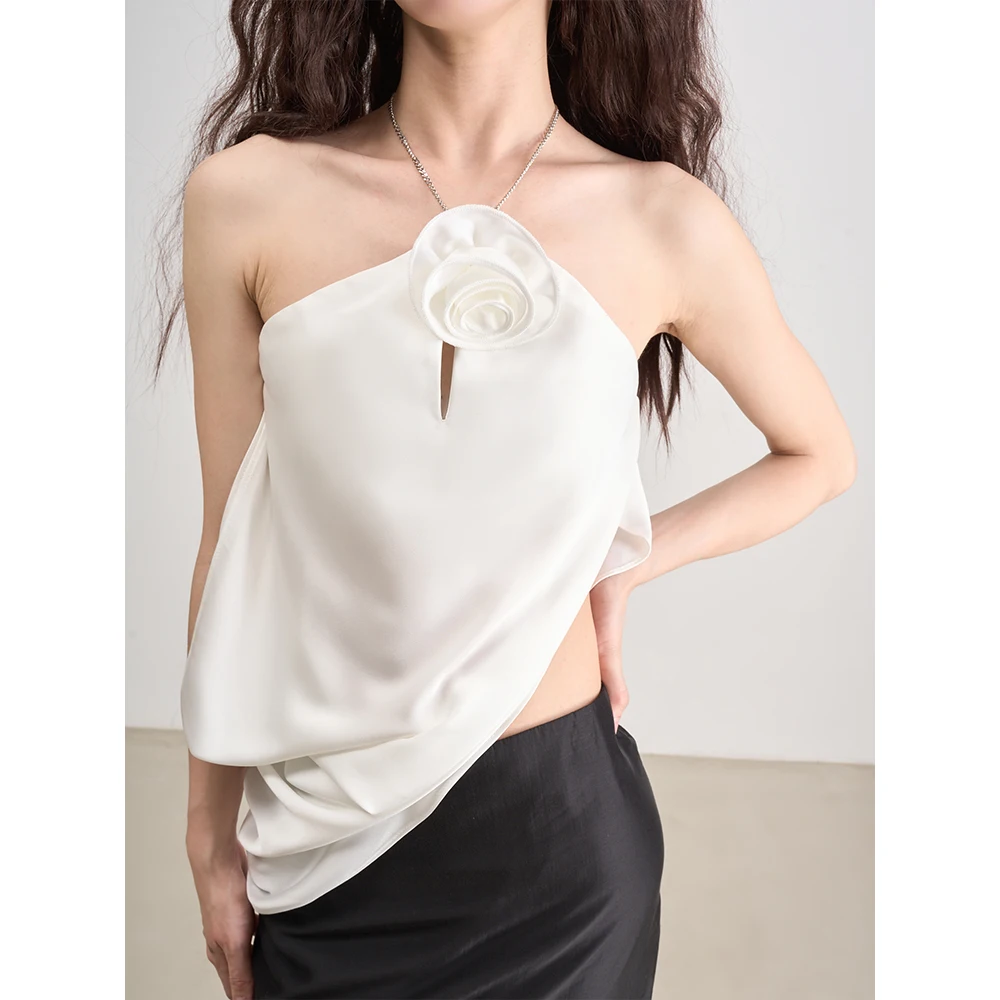 

Modern Ele 3D Rose Metal Fine Chain Nelace Hanging Vest Satin Surface Asymmetrical LAVIVIER Women's ort Outerwear