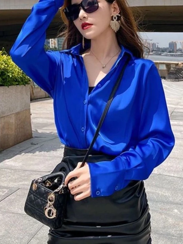 Klein Blue Women's Long Sleeve  Collar Shirt Professional Drape Anti-Wrinkle Autumn New Style French Style Slim Fit Shirt