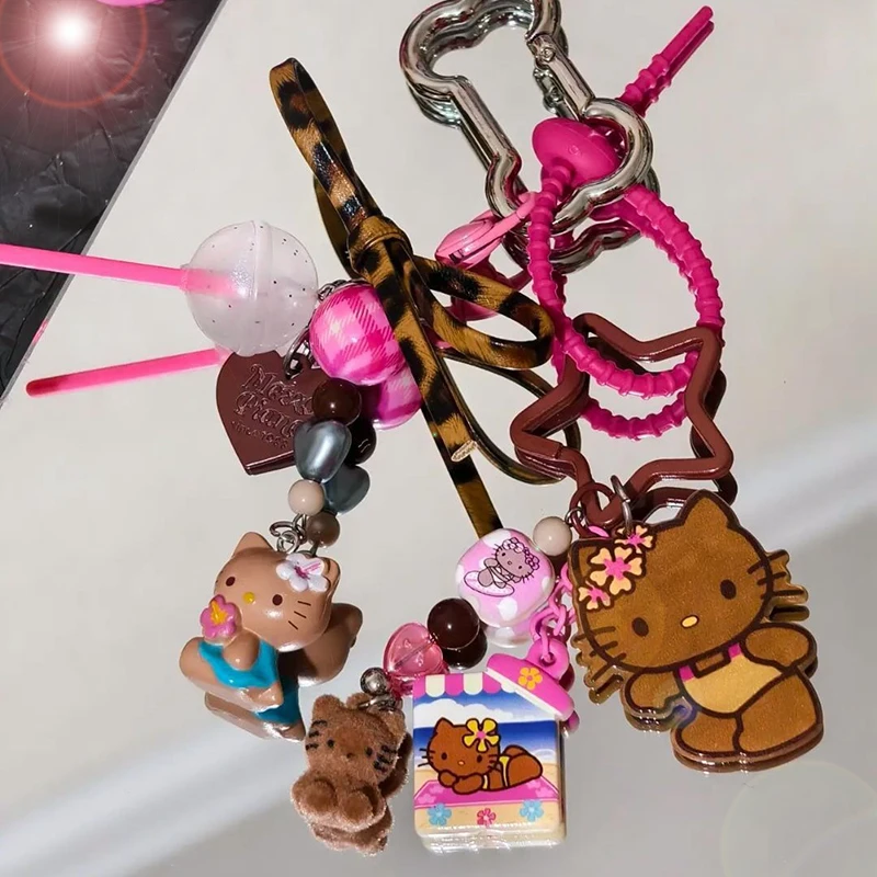Hawaii Hello Kitty Sommer Schlüsselanhänger Charm Japanischer Tan Sanrios Taschenanhänger Vintage Kawaii Geldbörse Schlüsselanhänger Zubehör für Mädchen Geschenk