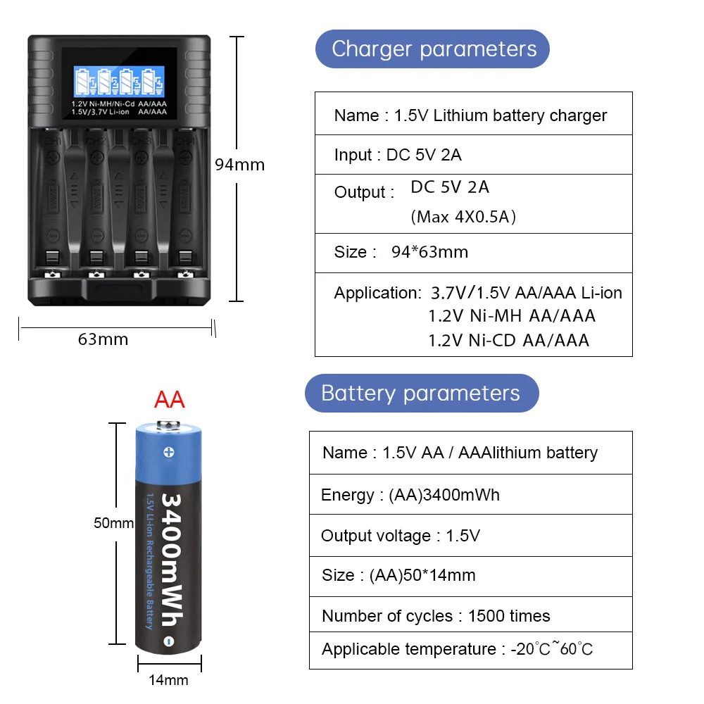 AJNWNM 1.5V AA Lithium-ion Rechargeable battery 3400mWh Battery AA 1.5V for Clock Toys Camera Rechargeable Battery AA 1.5V