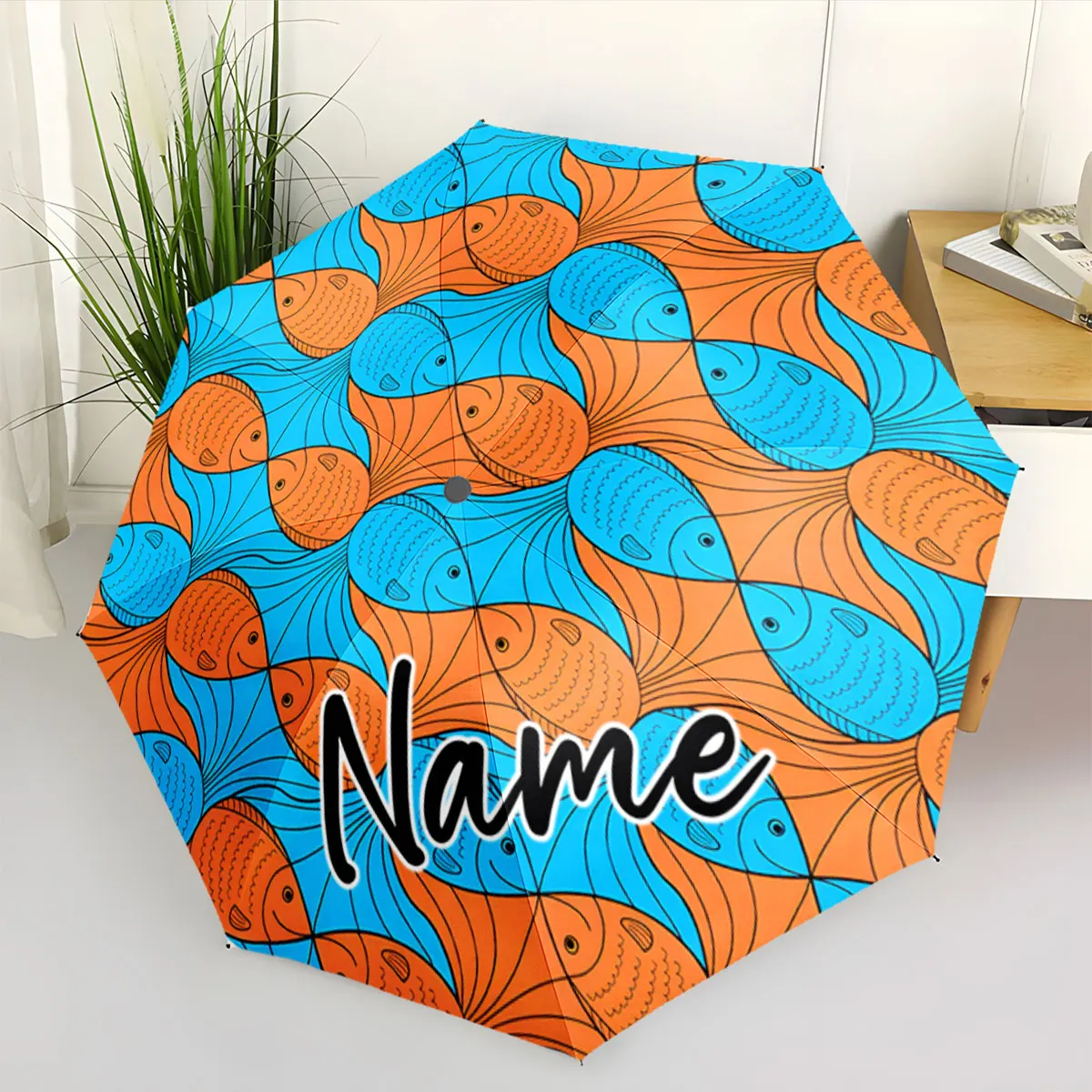 Custom Name Customizable Umbrella with Blue Orange Fish Design Print 8 Iron Ribs Folding Umbrella Auto-Open Fashion Sunshade