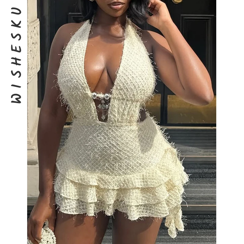 

Lace Up Deep V Hollow Out Sexy Mini Dress Women Elegant Backless Bandage Knitted Bodycon Sundress 2025 Summer Beach Wear