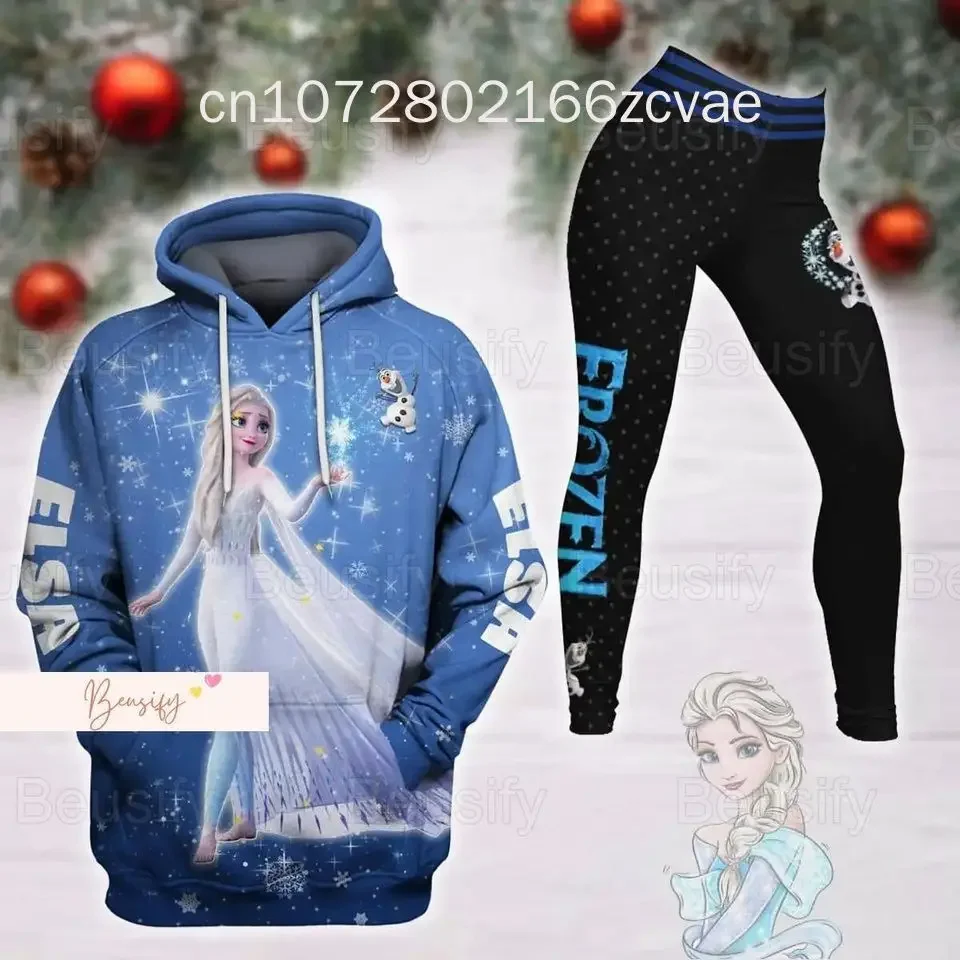 2024 New Disney Frozen Elsa Princess Women\'s Hoodie and Leggings Set Suit Elsa Yoga Pants Sweatpants Fashion Sports Suit