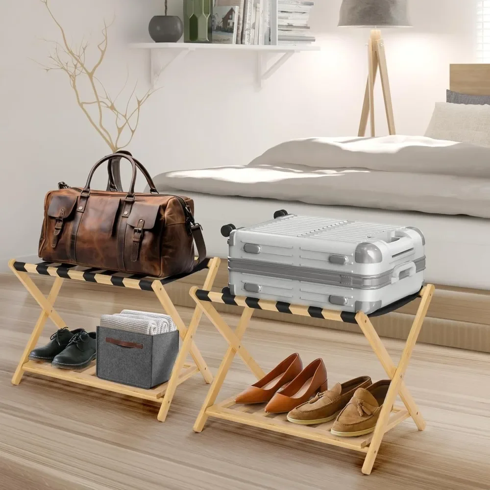 

2-Pack Folding Luggage Racks, Foldable Bamboo Suitcase Stand with Storage Shelf, Luggage Holder with 6 Nylon Straps for Hotel