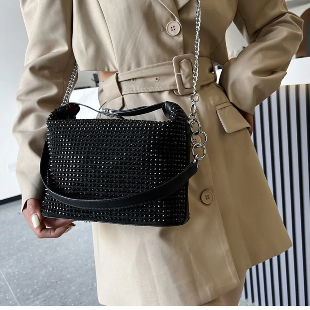 Fashion able diamond studded bag for women 2024 New foreign style texture flash chain single shoulder crossbody luxury  designer