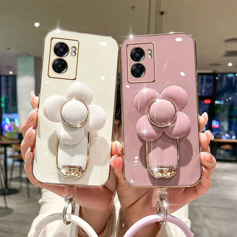 Rotating Flower Stand Case For OPPO A55 A77 A95 A94 5G A93 A96 A78 A74 A73 A72 A57 A54S A53 A17 A16 A15 Reno 7 4G Plating Cover