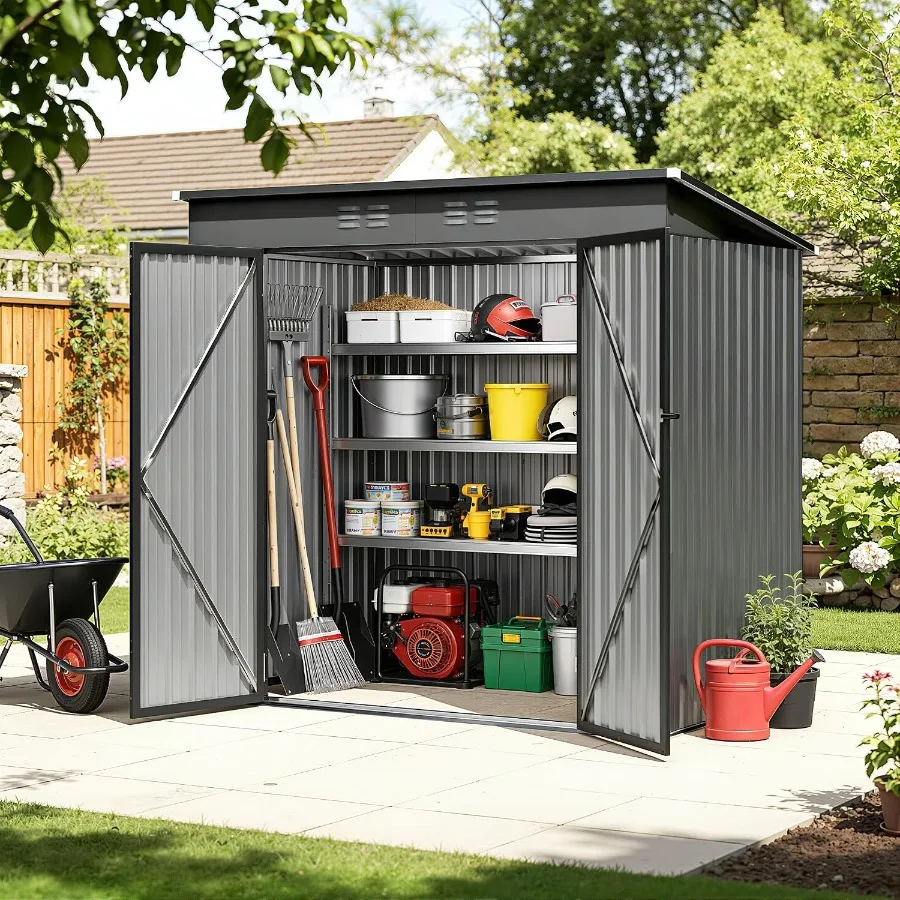 Outdoor Storage Shed for Bikes, Gardening Tools Lawn Mowers Grey Metal Waterproof All-Weather Shelter with Door and Lock