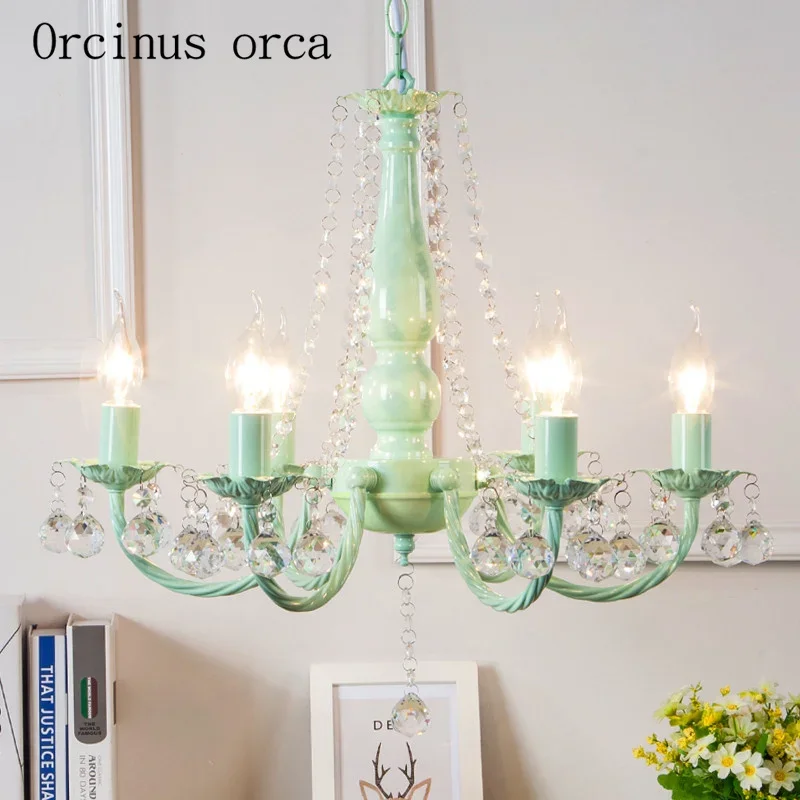 Pastoral fresh green crystal chandelier Princess Room girls bedroom warm chandeliers romantic candles children's room chandelier