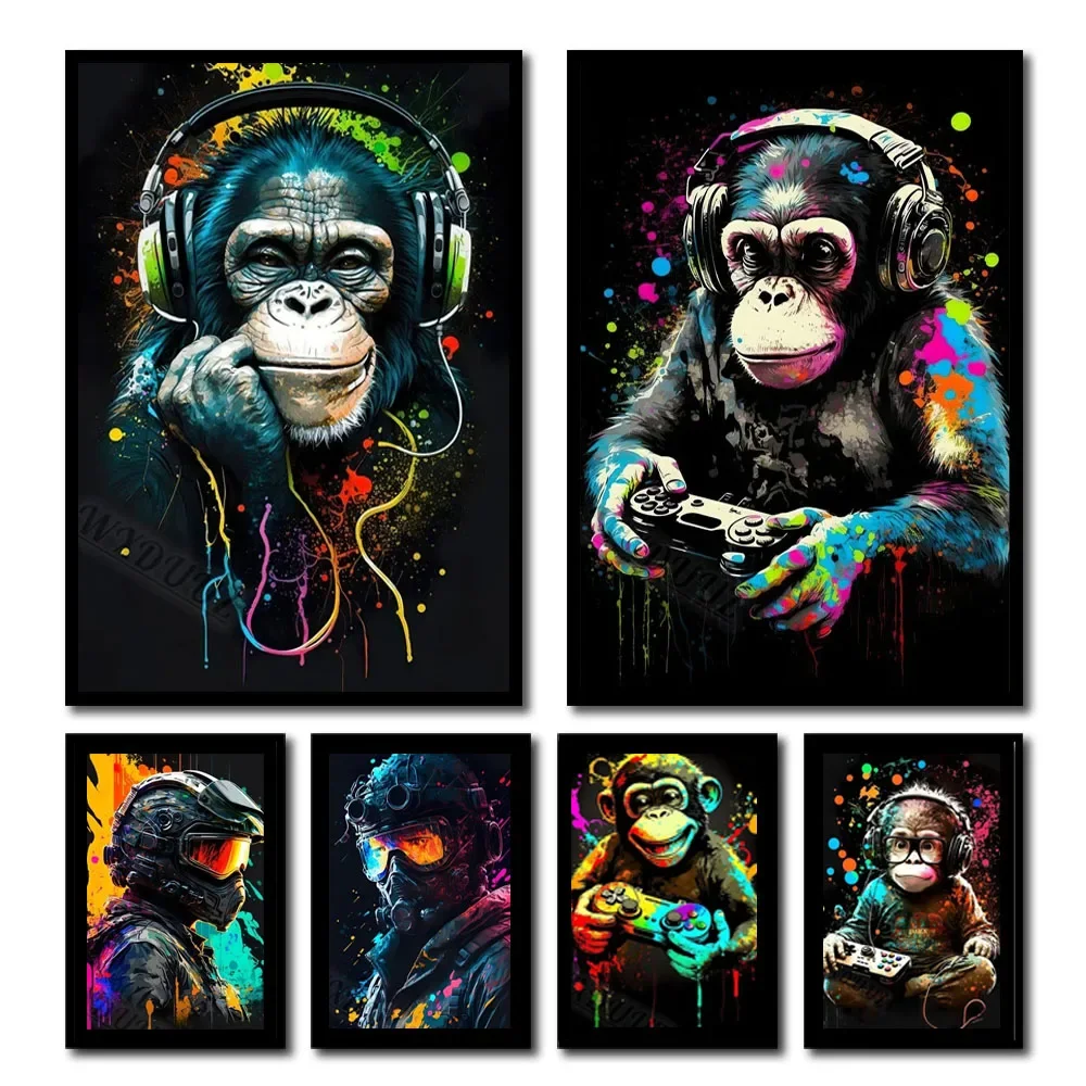 80s Retro Funny Monkey Player Gamepad Picture Gaming Room Living Canvas Painting Print Wall Art Home Decor Aesthetics Poster