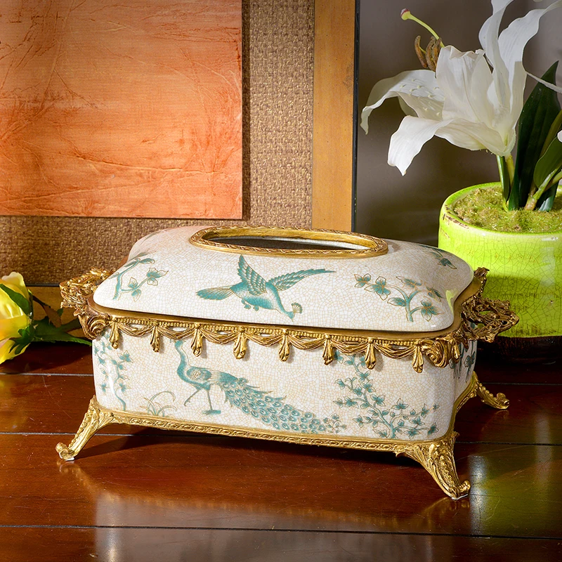 Luxury Antique Brass Ceramic Tissue Box, Creative Fashion Design for Hotel Club Office Decoration