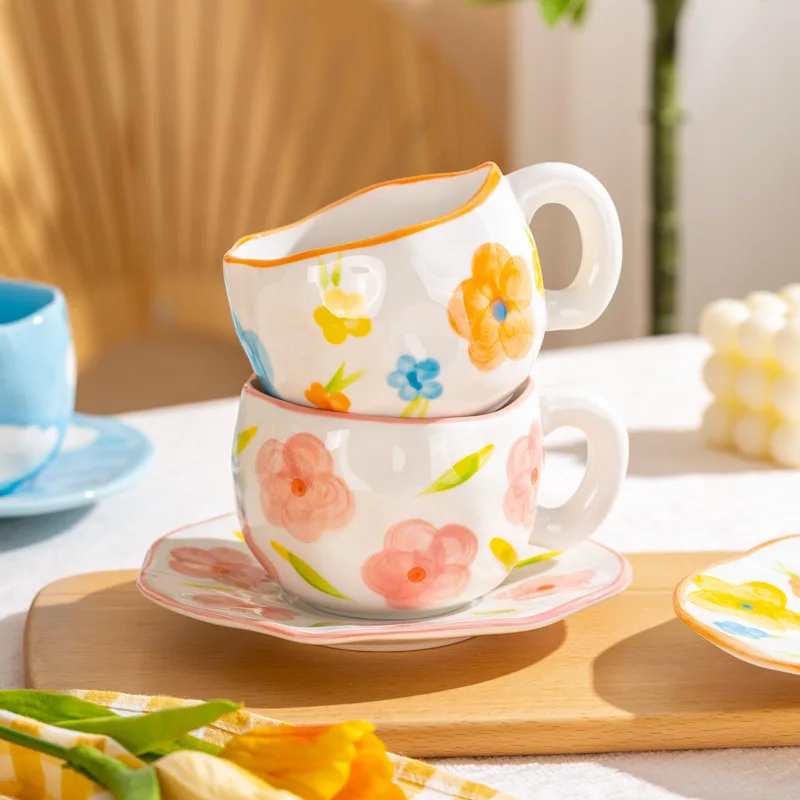 1 conjunto de 300ml pintado à mão flor cerâmica xícara de café caneca de escritório em casa com pires café da manhã leite chá lidar com copo