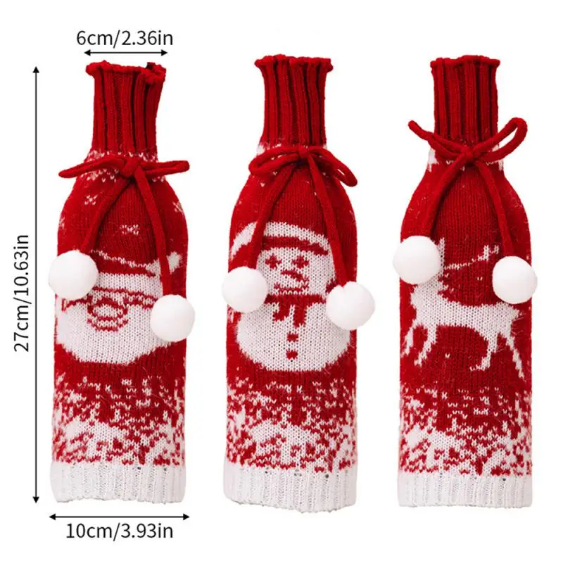 Christmas Knitted Wine Bottle Cover Pompom Bow Decor Santa Costume Snowflake Pattern Wine Bottle Bag Xmas Dinner Table Decor