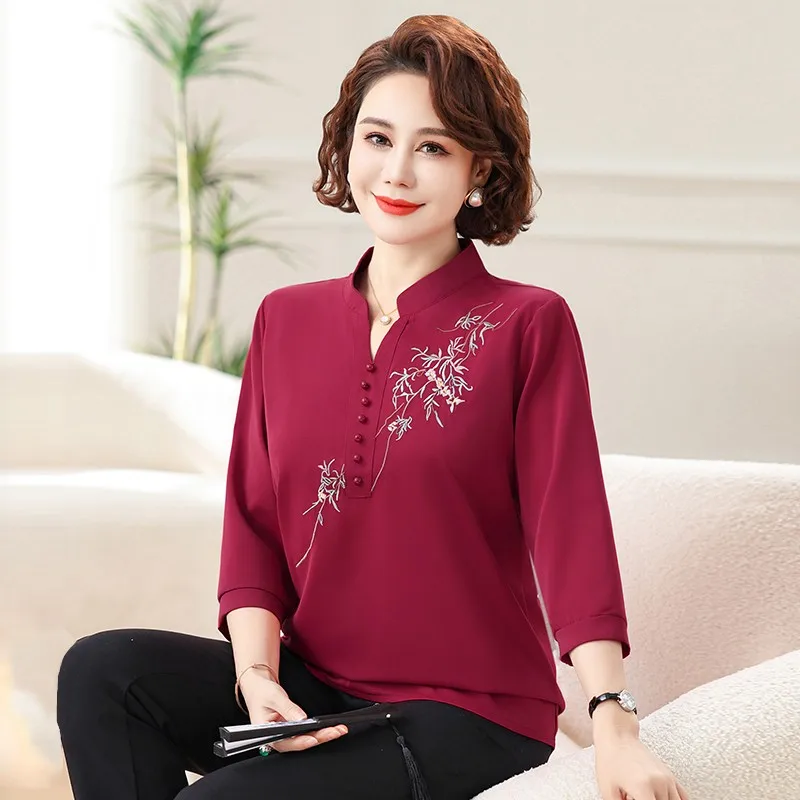 Casual Vintage Female embroidery 3/4 Sleeve Tops Summer Loose All-match Round Neck Spliced T-shirt Fashion Women\'s Clothing