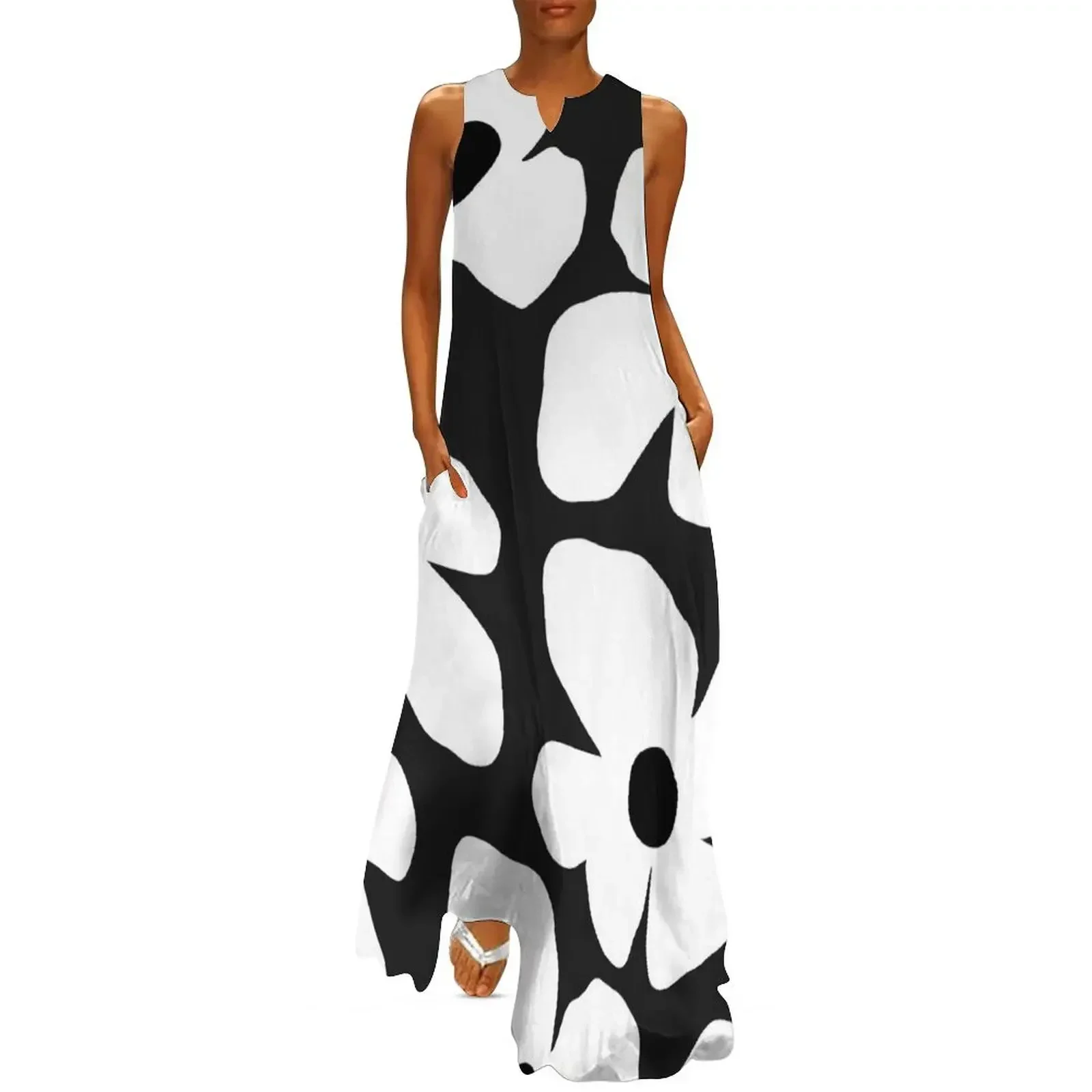 

quirky black and white flowers Long Dress evening dresses ladies Women's summer skirt Elegant gown Dress