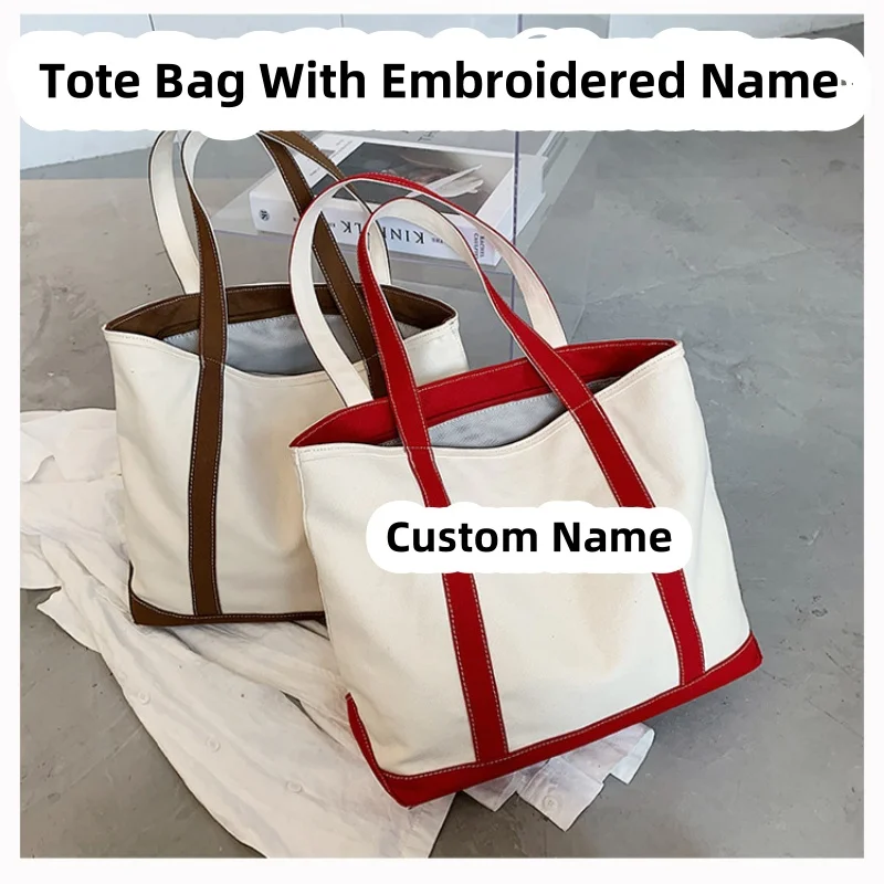 Canvas Tote Bag Women Shopping Handbag Custom Name Reusable Shoulder Bag Embroidered Gift Crossbody Bag