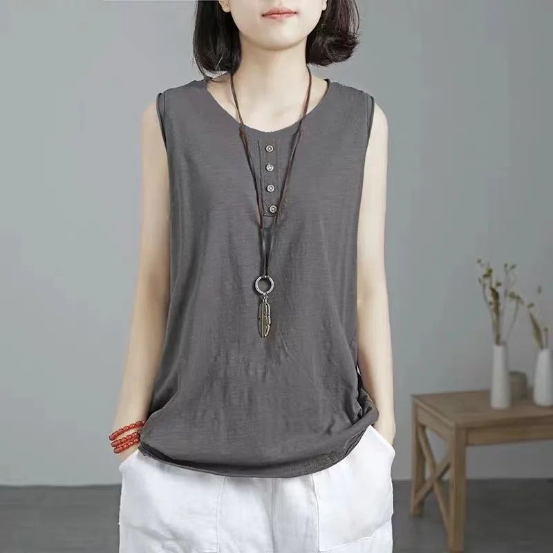 Simplicity Solid Color Sleeveless Tops Women Summer Niche Thin Style Large Size Comfortable Casual Pure Cotton Affordable Vest