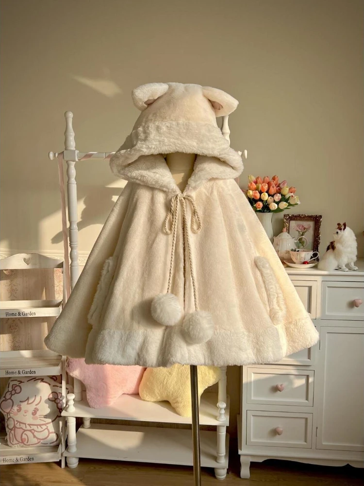 Winter Japanese Lolita Style Women's Coat Fluffy Sweet Cute Girlish Woolen Cape Coat White Hooded Poncho Outfits Woman Clothes