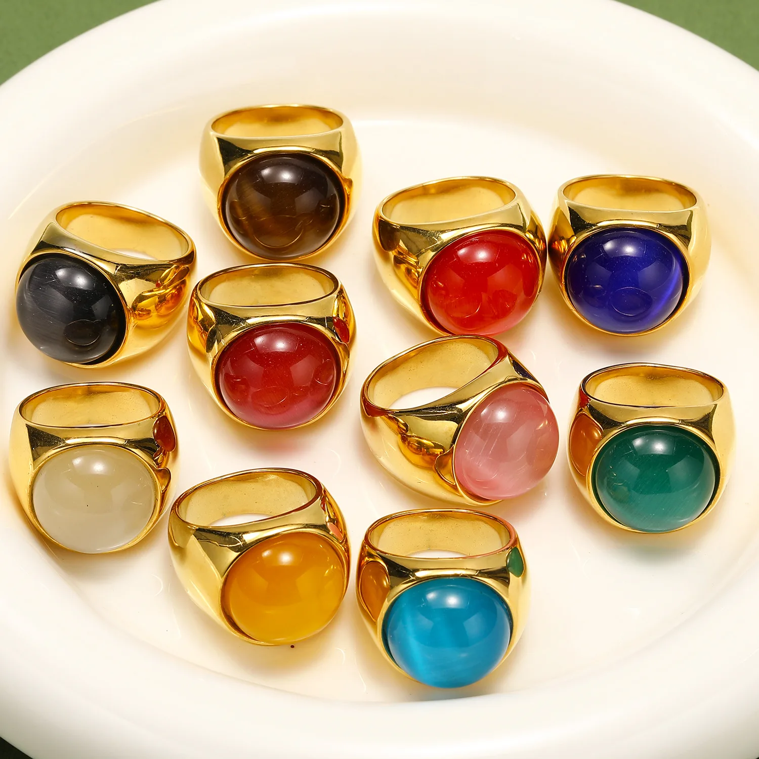 Vintage Multicolour Cat's Eye Stone Chunky Rings Colour Opal Glass 18K Gold Plated Knuckle Ring Stainless Steel Designer Jewelry