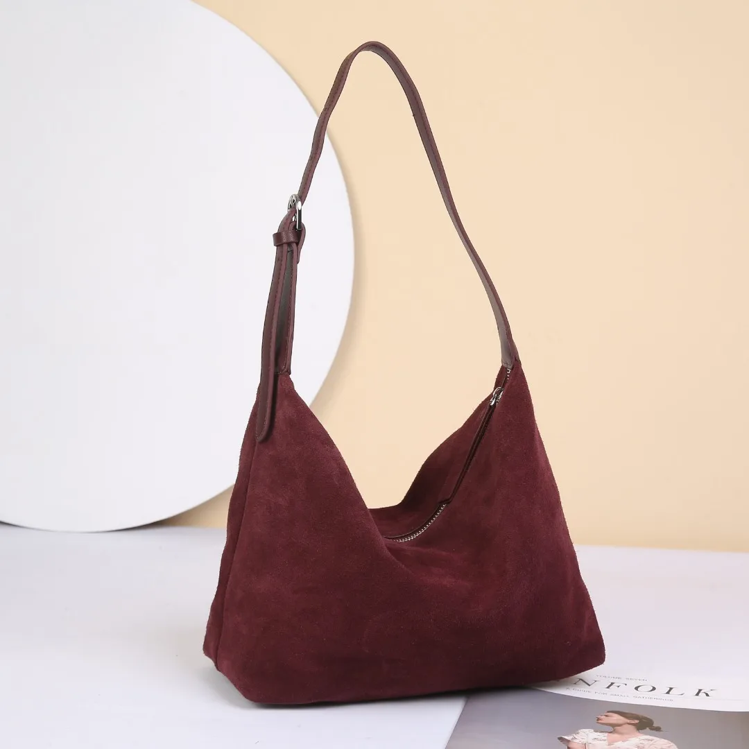 2026 New Arrival Hobo Tote Bag, Top-Grain Cowhide & Suede Large Capacity Women Shoulder Crossbody Handbag