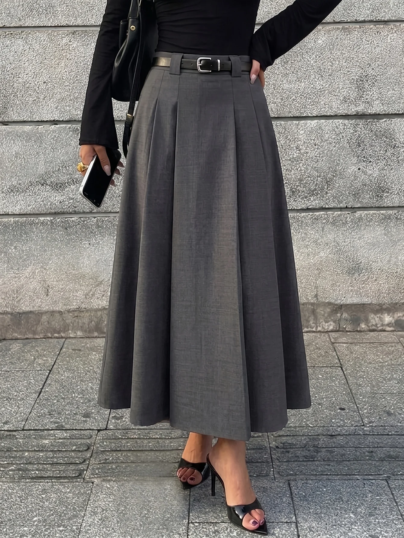 New Women Skirt Office Lady Elegant Solid Skirts High Waist Folds A-LINE Long Skirt Women Skirts for Women Faldas 2026 Q6856
