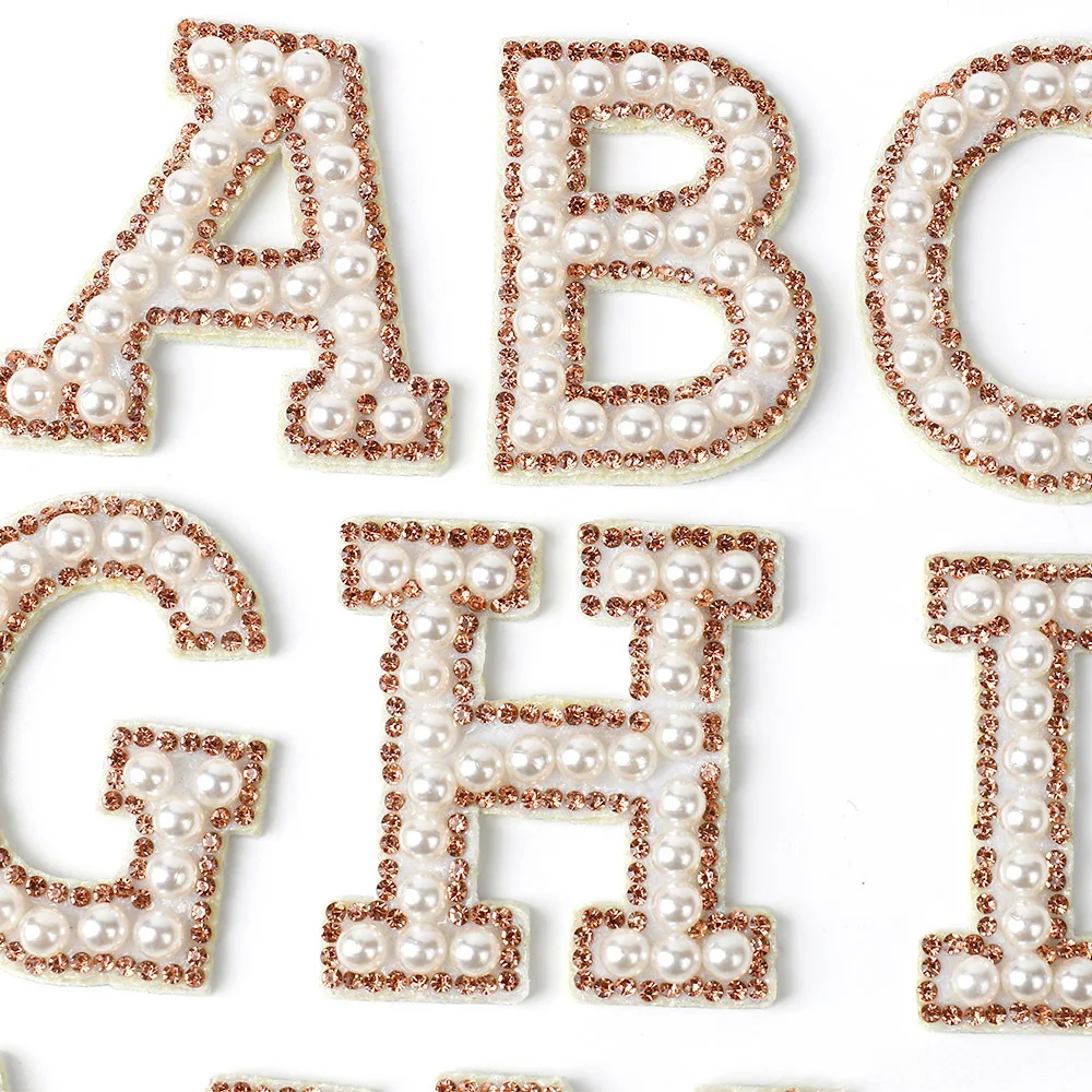 4.5CM Pearl Letter Patches Gold Rhinestone Alphabet Patches for Clothes 3D Beads Applique Iron on Badge for Bag Hat Jean ABC DEF