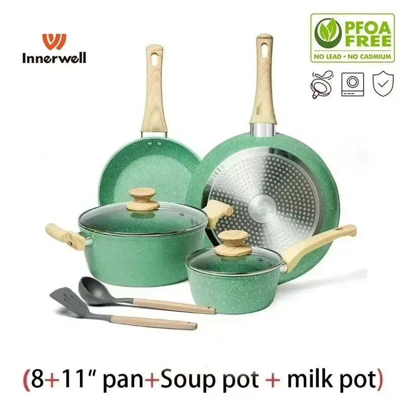 Innerwell Kitchen 8/11inch Frying Pan Stock Pot Milk Pot Cookware Sets Nonstick Nontoxic Breakfast Gourmet Stir Fry Cooking Pots