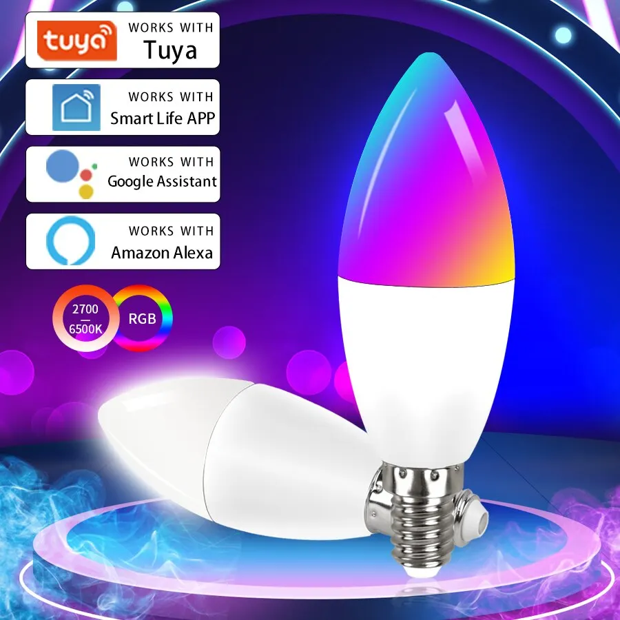 TUYA Smart Light Bulb WiFi E14 9W Candle Alexa Lamp 220V RGB Dimmable Magic Bulbs APP Voice Control Google Home Yandex Alice