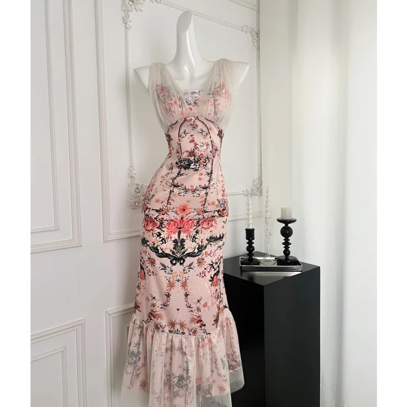 Pink Printing Dance Elegant Dress Summer Sling Dress French Dress V-neck Sleeveless Daily Wear Holiday Stylesimple Long Skirt