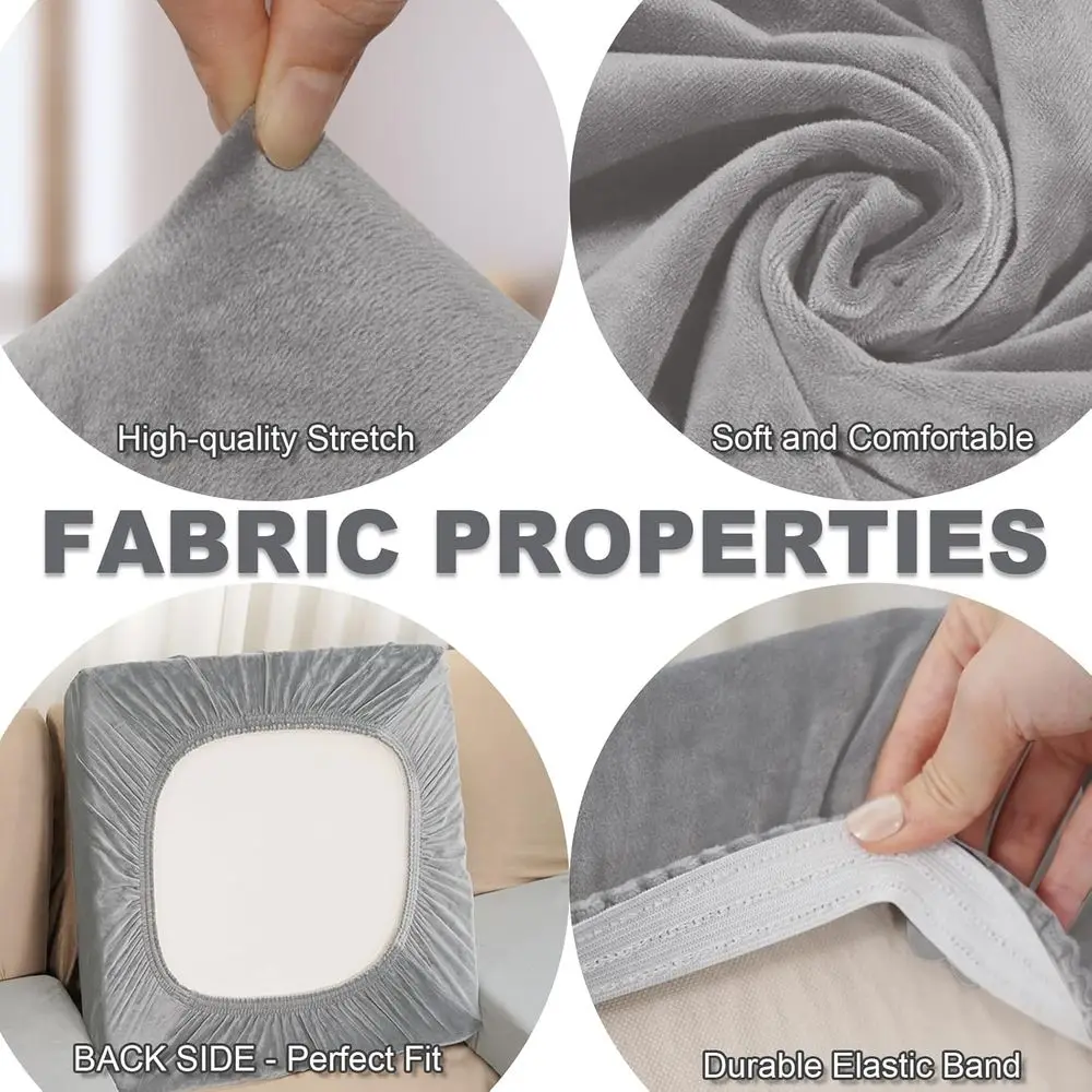 3-Piece Velvet Sofa Cover Set for L-Shape Couch with 2 Pillowcases, Light Grey (2 Seater + Chaise)