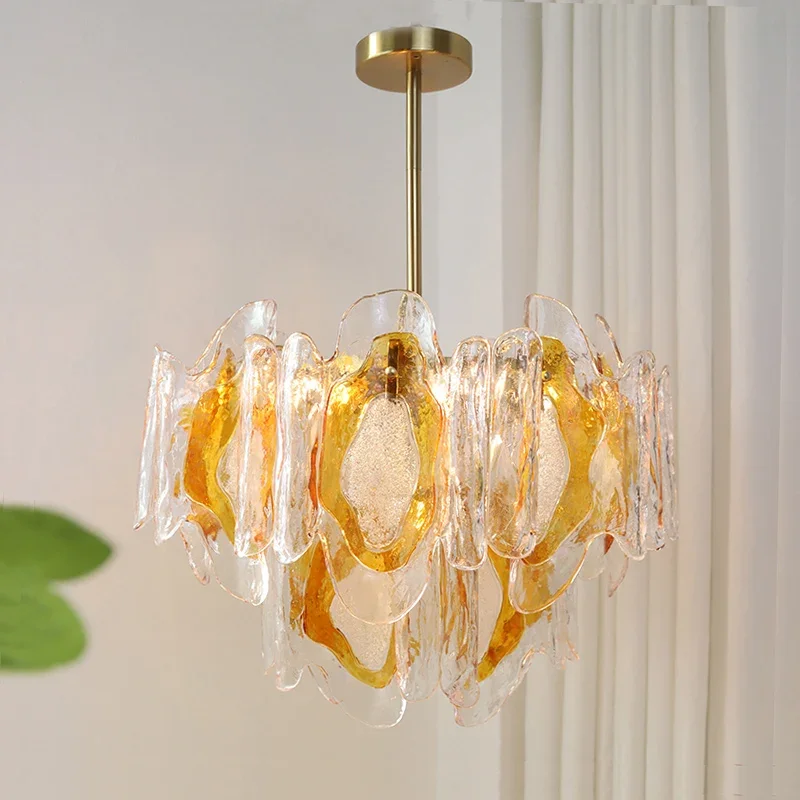 

French vintage amber glass chandelier - creative mid-century American-style living room study dining room and bedroom lighting