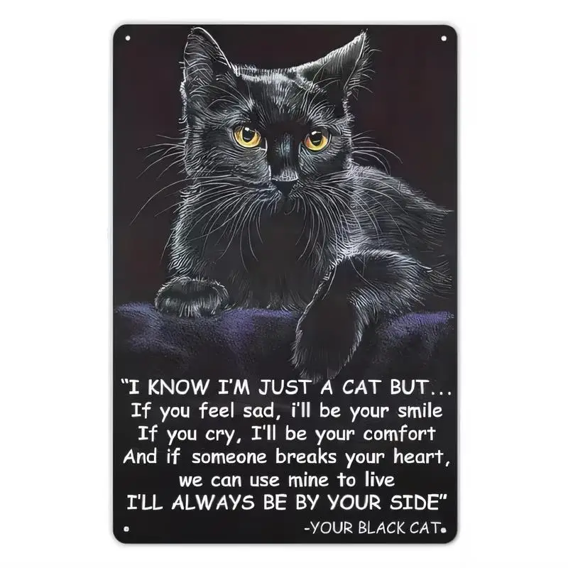 Heartwarming Quote Black Cat Vintage Metal Tin Sign - Iron Material, Cute Cat Art, Retro Wall Decor for Cat Lovers, Home/Bedroom