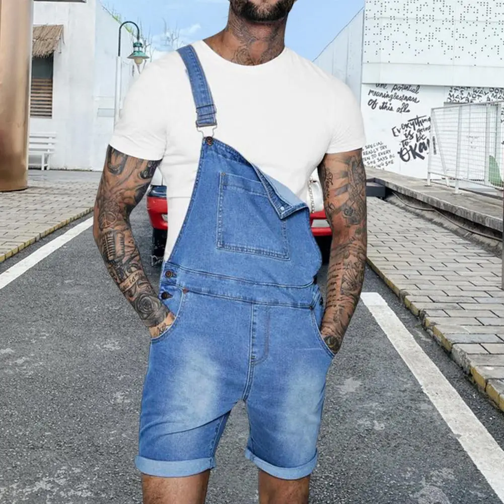 Men Denim Jumpsuit Rolled Edges Vintage Romper Joggers Jumpsuit Multi Pockets Bib Overalls Casual Trousers Men Cargo Overalls