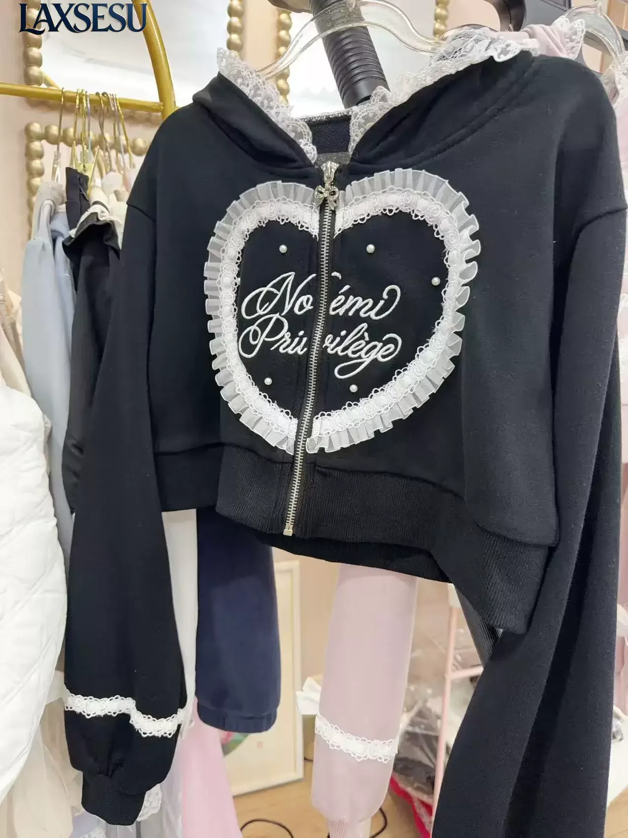 Japanese Sweet and Cute Short Coat Bow Lace Edge Casual Sweatshirt Hooded Coats for Women Spring Autumn Long Sleeve Short Top