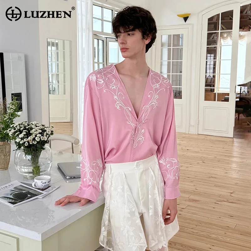 

LUZHEN Luxury Fashion Original Embroidery Pattern Long Sleeve Shirts Men's 2025 New High Quality Elegant V Neck Clothes JY3363