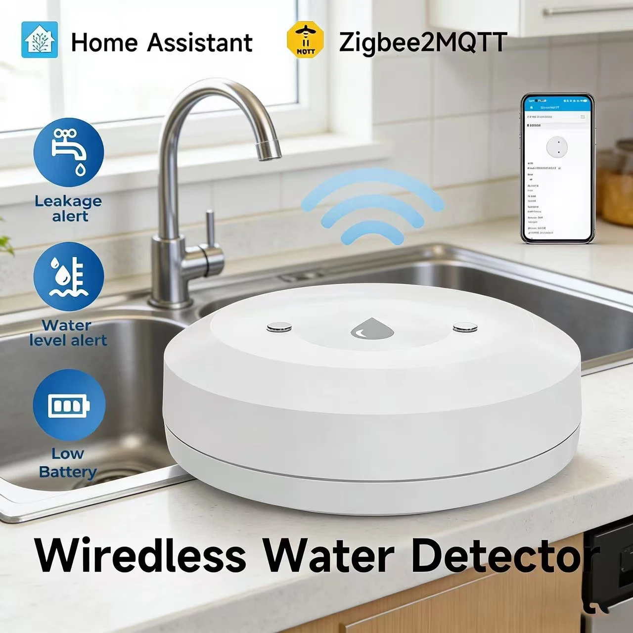Détecteur de fuite d'eau intelligent Zigbee 3.0, surveillance à distance pour cuisine/salle de bain, compatible avec Home Assistant et Zigbee2mqtt